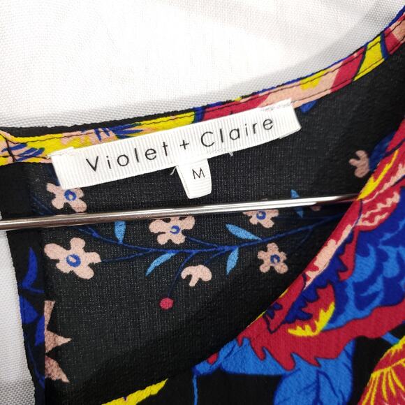 Violet & Claire Blouse Women Medium Black MultiFloral Ruffle Sleeve Keyhole Back - Picture 11 of 12